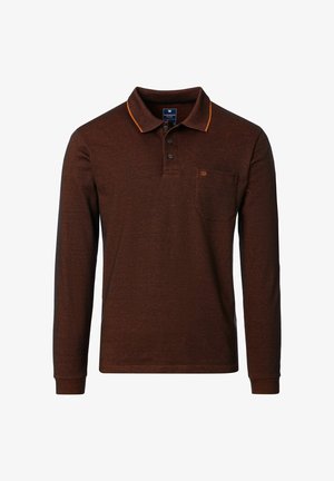 Langarm-Poloshirt aus dunkelbraunem Stoff mit strukturierter Oberfläche, mit einem orangen Akzent am Kragen, drei Knöpfen und einer Brusttasche.