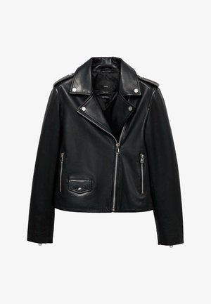 Giubbotto in pelle nera da motociclista con zip frontale, bottoni a pressione, finitura testurizzata, spalline e tasche laterali.