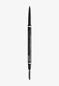 Produit pour les sourcils en crayon noir avec une pointe fine et une brosse en spirale à l'autre extrémité. Comprend des détails en texte blanc et argent.