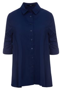 Mörkblå knäppskjorta med krage, uppvikta ärmar och en avslappnad passform. Tillverkad av ett slätt tyg med en subtil lyster och utan mönster.