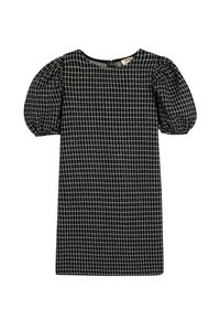 Svart rutig klänning med puffärmar, rund halsringning och en figursydd silhuett. Tillverkad av textil med en rutmönster.