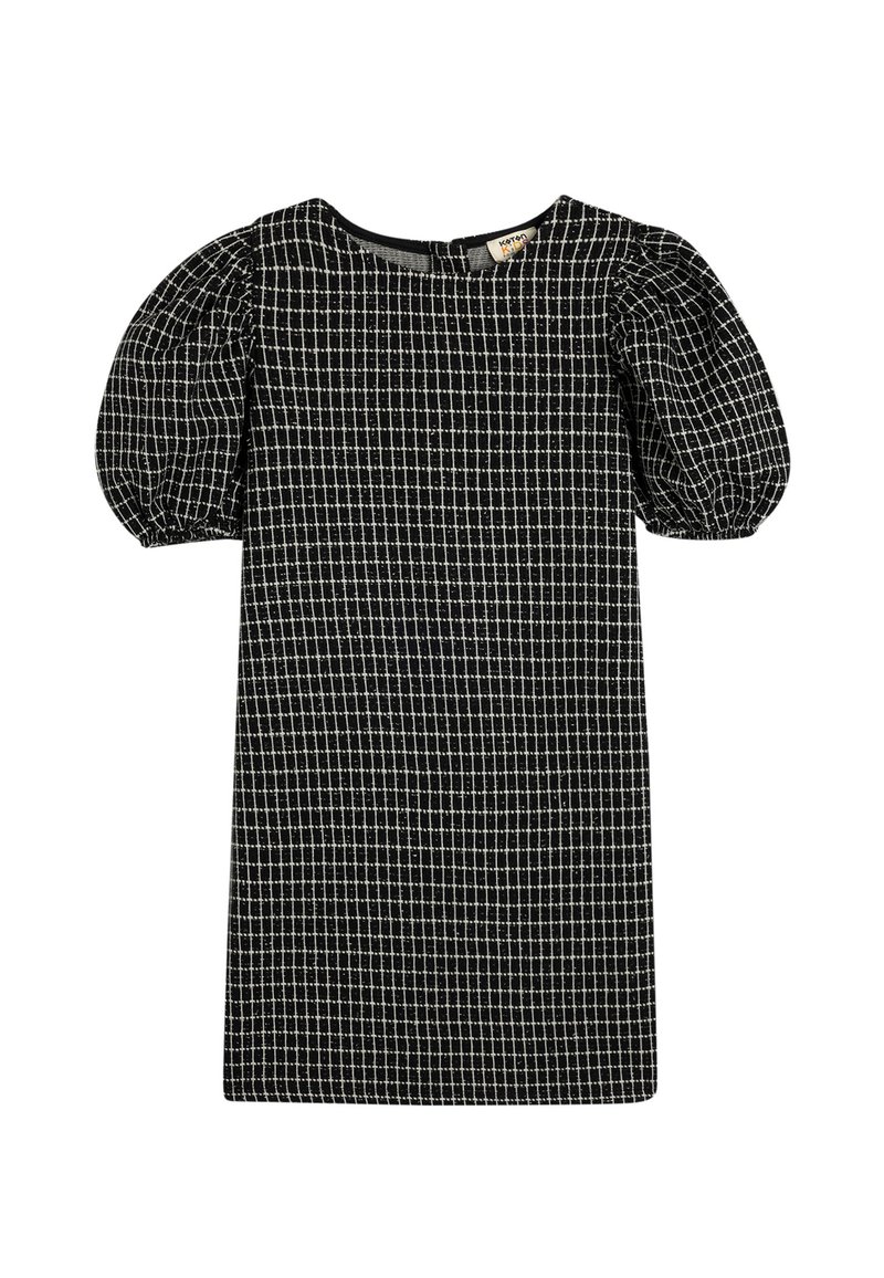 Svart rutig klänning med puffärmar, rund halsringning och en figursydd silhuett. Tillverkad av textil med en rutmönster.