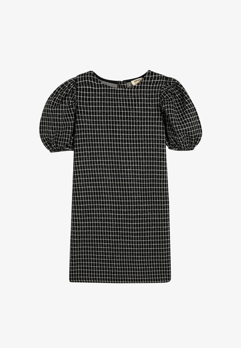 Sort ternet kjole med puffede ærmer, rund halsudskæring og en tætsiddende silhuet. Lavet af struktureret stof med et gittermønster.