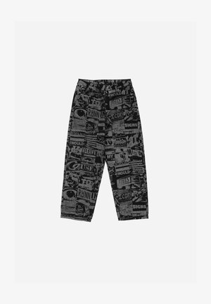 Black pants featuring a graphic print with various texts and images. Made from lightweight fabric, they have a relaxed fit and straight legs.