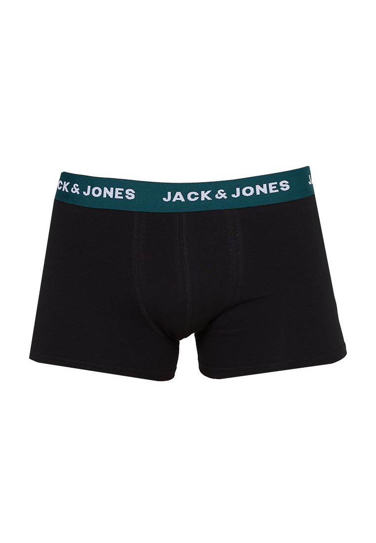 Boxer shorts negros con una cinturilla elástica en teal oscuro que presenta el nombre de la marca "JACK & JONES" en texto blanco. Tejido suave con un diseño ajustado.