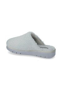 Pantofole pelose grigie con forma arrotondata, suola piatta in gomma, design aperto sul retro e texture morbida. Accentuate con un materiale soffice lungo i bordi.