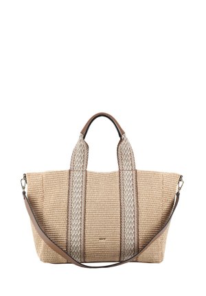 Geflochtene Strohtasche in Beige mit braunen Lederakzenten; verfügt über zwei oberere Tragegriffe und einen abnehmbaren Schultergurt; beinhaltet ein dekoratives gestreiftes Muster.