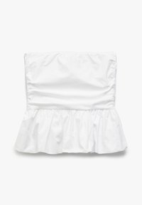 Hvid stropløs top lavet af bomuld, med en samlet bodice og en flæsekant. Glat tekstur med et simpelt, rent design.