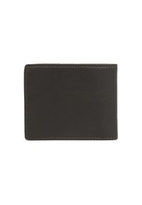 Portafoglio in pelle marrone con design semplice, bordi arrotondati e dettagli di cucitura a contrasto. La parte anteriore presenta una texture liscia senza motivi.