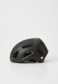 Casco da bicicletta nero con molte aperture di ventilazione, superficie liscia, etichetta MIPS sul lato e design aerodinamico per sicurezza e comfort.