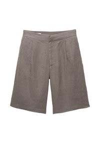 Pantalones cortos de lino grises hasta la rodilla con pliegues en la parte delantera y una cinturilla, mostrados en posición plana sobre un fondo blanco.