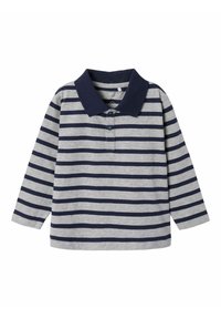 Langarm-Polohemd aus grauer Baumwolle mit navyblauen horizontalen Streifen, einem navyblauen Kragen und einer Knopfleiste mit drei Knöpfen.