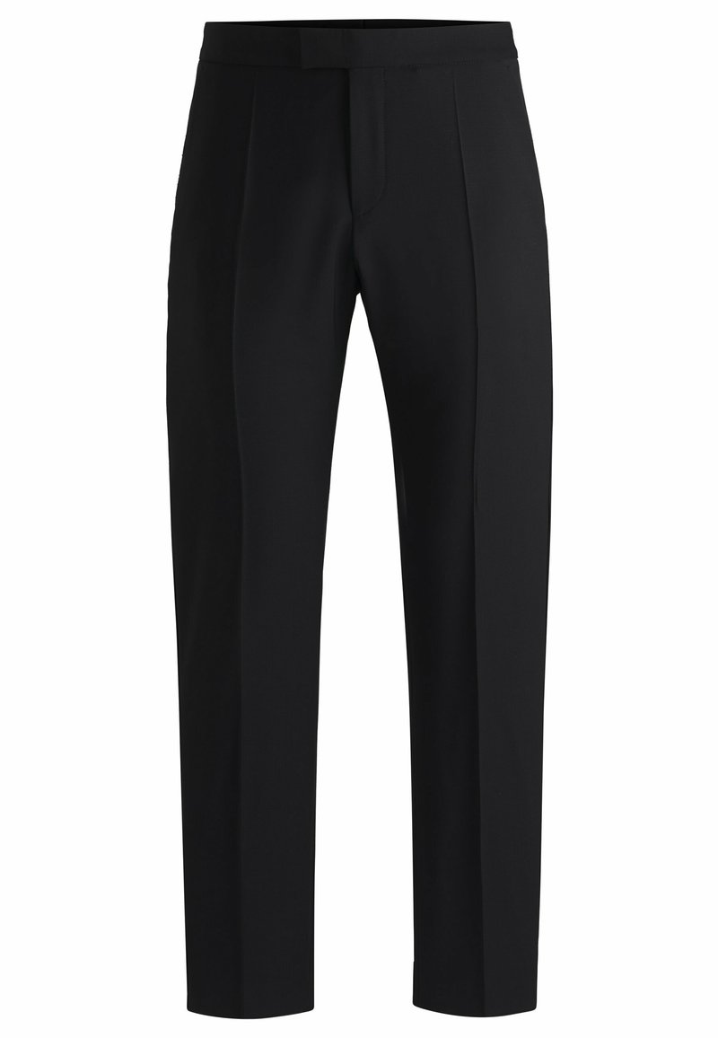 Schwarze, maßgeschneiderte, gerade geschnittene Hosen mit Bügelfalten, Taillenbund und verdecktem Frontverschluss, auf einem weißen Hintergrund gezeigt.