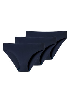 Three pairs of navy blue cotton brief underwear with a smooth texture and a classic cut, featuring a standard waistband and seamless edges.