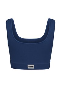 Marinblå sport-BH med ribbad struktur, breda axelband och rund halsringning. Har en märkt etikett längst ner. Mjuk textur.