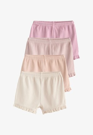Vier Paar Shorts aus geripptem Strick in Beige, Pfirsich, Hellrosa und Lila, jeweils mit elastischem Bund und gerüschten Beinabschlüssen.
