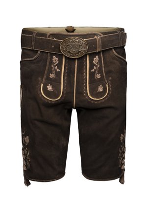 Braune Leder-Shorts mit aufwendiger floraler Stickerei, kontrastierenden Nähten und einer dekorativen Metallgürtel-Schnalle. Strukturierte Oberfläche mit Seitentaschen.