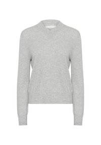 Pull tricoté gris clair à manches longues avec un col en V subtil et des poignets et un ourlet côtelés, présenté sur un fond blanc.