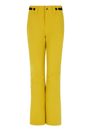 Yellow ski pants made from durable fabric, featuring a straight leg design, reinforced knee areas, black accents, and a zip pocket.