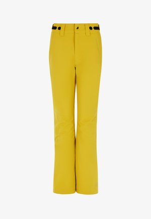 Gelbe Skihosen aus strapazierfähigem Material, mit geradem Beinschnitt, verstärkten Kniebereichen, schwarzen Akzenten und einer Reißverschlusstasche.