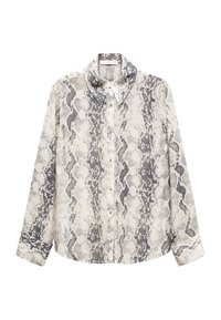 Langärmeliges Hemd aus leichtem Stoff mit einem grau-weißen Schlangenprint-Muster, Knopfleiste vorne und klassischem Kragen.