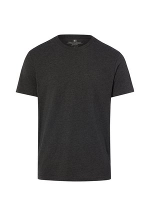 Dark gray short-sleeve crew neck t-shirt with a plain design and a small fabric label inside the neckline.