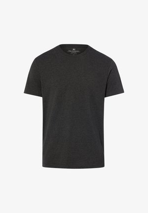 Dunkelgraues T-Shirt mit kurzen Ärmeln und Rundhalsausschnitt, schlichtem Design und kleinem Stoffetikett innen am Halsausschnitt.