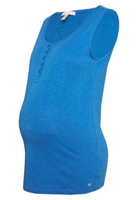 Modrý těhotenský top bez rukávů s véčkovým výstřihem, krátkými rukávy, knoflíkovými detaily na přední straně a přiléhavým střihem. Měkká, lehká tkanina.