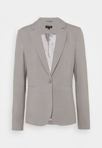 Šedý lněný blazer s klopovými reverzy, zapínáním na jeden knoflík a dvěma předními kapsami. Vnitřek má saténovou podšívku.