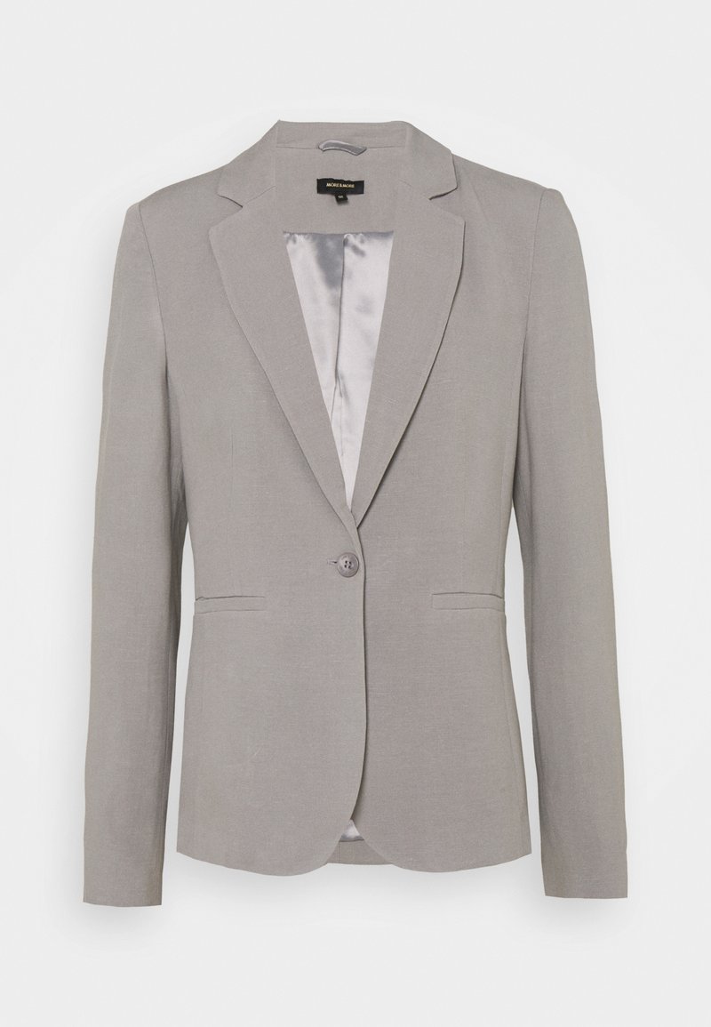 Šedý lněný blazer s klopovými reverzy, zapínáním na jeden knoflík a dvěma předními kapsami. Vnitřek má saténovou podšívku.