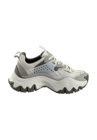 Chunky sneakers featuring a mix of white, light gray, and dark gray colors. Rubber sole with wave pattern and perforated side detailing.