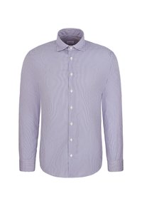 Chemise homme à manches longues avec fines rayures verticales bleues et blanches et col classique sur fond blanc.