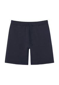 Shorts bleu marine en tissu doux, avec une taille élastique munie d'un cordon de serrage et des poches latérales. Design simple et épuré.