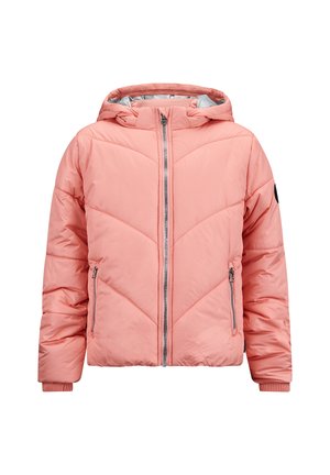 Light pink puffer jacket with a hood, featuring a zip closure, two side pockets, and chevron quilted pattern. Ribbed cuffs complete the design.