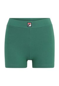 Gröna atletiska shorts gjorda av stretchigt tyg. Har en bred midja med en liten, märkeslogotyp i mitten fram. Enkelt design.
