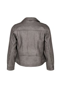 Giacca in denim grigia con colletto, maniche lunghe e dettagli sulla parte posteriore. Presenta un design aderente e accentuazioni di cuciture visibili.