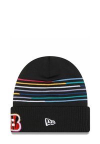 Black knit beanie featuring horizontal colorful stripes, a folded cuff with a red and white letter "B" patch, and a small white logo on the side.