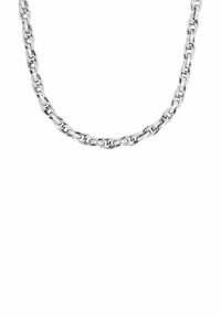 Collana in argento con anelli ovali intrecciati, mostrata su uno sfondo bianco, parzialmente attorcigliata al centro in basso.