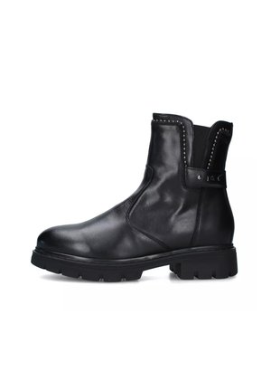 Stivale alla caviglia nero realizzato in pelle liscia con suola spessa, pannelli laterali elasticizzati e cuciture decorative lungo i bordi.