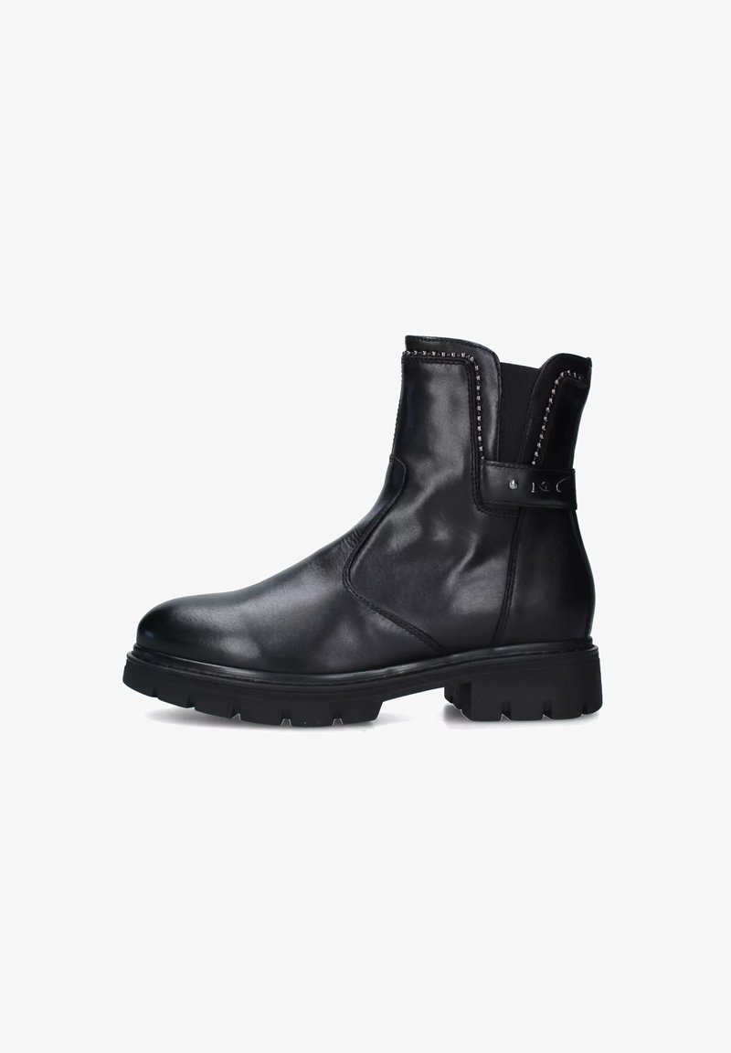 Schwarze Knöchelstiefel aus glattem Leder mit einer klobigen Sohle, elastischen Seiteneinsätzen und dekorativen Nähten entlang der Kanten.