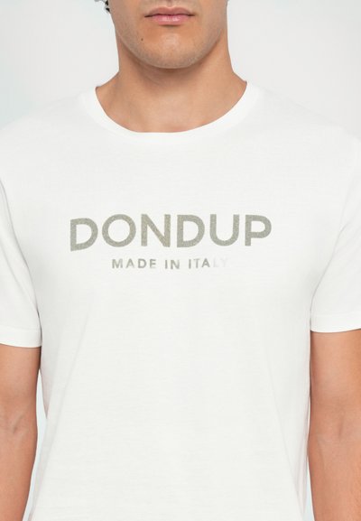 White cotton t-shirt with a round neckline. Features a prominent silver print reading "DON DUP MADE IN ITALY" across the chest.