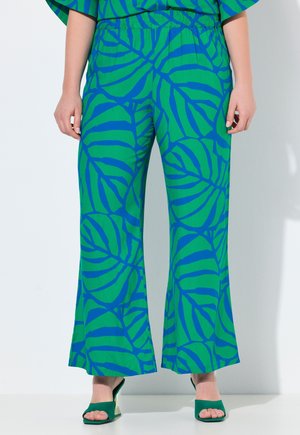 Groene en blauwe wijde broek met groot bladmotief, gedragen met bijpassende top en groene open schoenen, op een witte achtergrond.