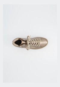 Hellbraune High-Top-Sneaker mit runder Zehenpartie, strukturiertem Obermaterial, flachen Schnürsenkeln und seitlichem Reißverschluss. Verfügt über ein Stofffutter und eine Gummisohle.