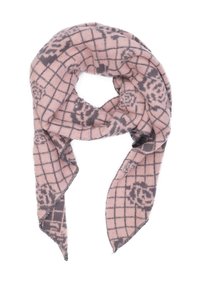 Sciarpa rosa chiaro con motivi floreali grigi e pattern a griglia, piegata e drappeggiata con estremità appuntite su uno sfondo bianco.