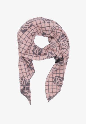 Sciarpa rosa chiaro con motivi floreali grigi e pattern a griglia, piegata e drappeggiata con estremità appuntite su uno sfondo bianco.