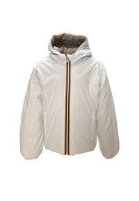 Giacca isolante bianca con cappuccio aderente, dotata di zip frontale con una striscia multicolore, polsini elasticizzati e due tasche laterali.