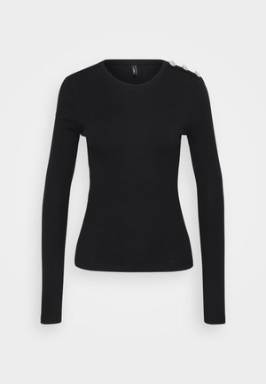 Zwarte longsleeve top met een aansluitend ontwerp, ronde halslijn, ribbelstructuur en decoratieve knopen op de rechter schouder.