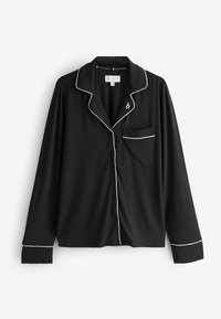 Fekete, hosszú ujjú pizsama felső fehér szegélyekkel, gombos záródással és bal oldalon zsebbel. Sima, puha anyagból készült.