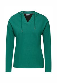 Grön långärmad hoodie med V-ringning, två snören och sidofickor; strukturerad tyg med en enfärgad design.