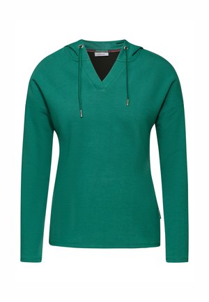 Haut à capuche vert à manches longues avec un col en V, deux cordons de serrage et des fentes sur les côtés ; tissu texturé d'une couleur unie.